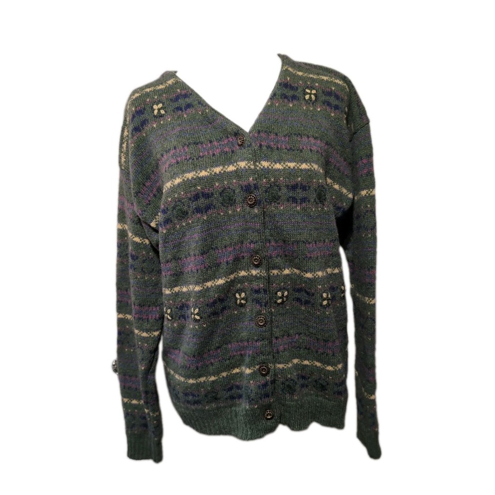 Vtg Northern Reflections 90s Cardigan Sweater Fair Isle Wool Green Womens L